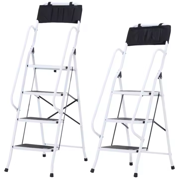 HOMCOM Escalera Plegable Escalera de Tijera de Metal con Apoyabrazos y Portaherramientas Carga 150 kg Blanco y Negro - 1