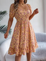 Vestido Elegante De Primavera Y Verano Para Mujer Con Estampado Floral Cuello Cuadrado Manga Corta Volante Al Borde Vestido A-Line De Rodilla Casual - details 24