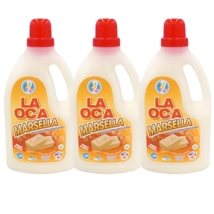 Pack de 3 – Detergente Líquido Marsella 2L LA OCA  Limpieza Eficaz y Suavidad Máxima para Todo Tipo de Tejidos. 40 Lavados por Botella, para un Total de 120 Lavados. Ideal para Lavadoras Automáticas, Deja la Ropa Blanca y de Color Brillante, Fresca - 1