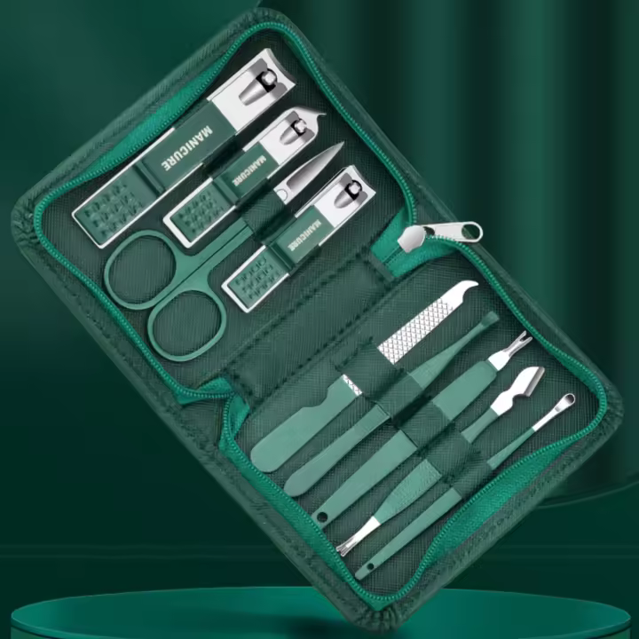 Set De Manicura Profesional Verde Con 9 Piezas Y Estuche De Cuero Herramientas Para Cuidado Del Pie Y La Cara Corta De Acero Inoxidable Regalo - 1
