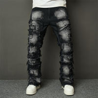 Jeans Rotos Y Spliced Streetwear HipHop Para Hombre Estilo Biker Con Agujeros Y Destazados Pantalones Vaqueros Sueltos De Doble Face De Medio Pecho Para Primavera Y Otoño - details 2