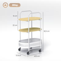 HOMCOM Carrito Auxiliar con Ruedas Carrito de Cocina de 3 Niveles Carro de Almacenamiento con Cesta y Estantes Carga 30 kg para Comedor Salón Dormitorio 49,5x32,5x82,5 cm Blanco y Madera Natural - details 2