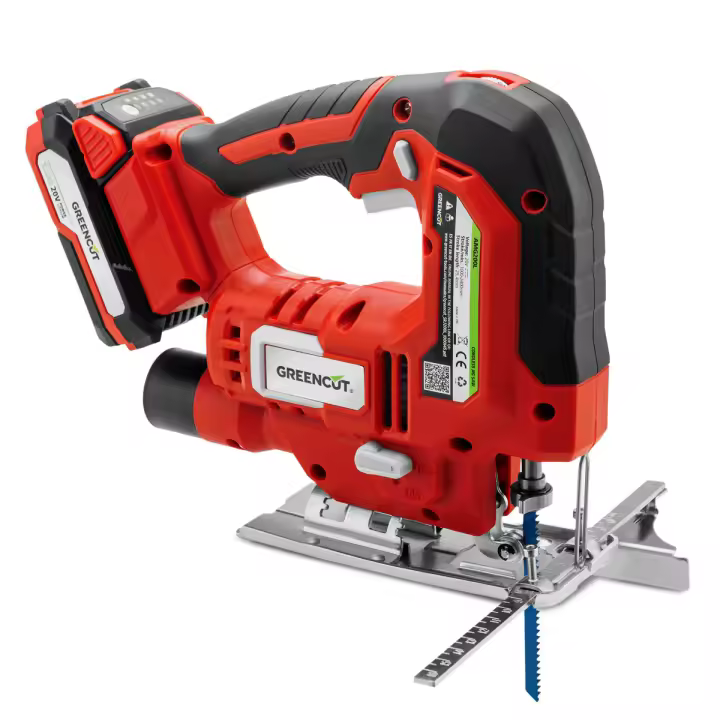 GREENCUT SRJ200L - Sierra de calar de batería de 20V, 4 posiciones de la chuchilla, velocidad ajustable y profundidad de corte hasta 65mm, batería de litio de 2.0Ah y cargador incluidos, rojo - 1
