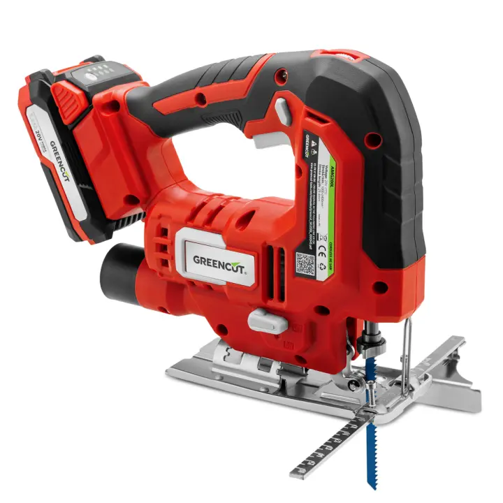 GREENCUT SRJ200L - Sierra de calar de batería de 20V, 4 posiciones de la chuchilla, velocidad ajustable y profundidad de corte hasta 65mm, batería de litio de 2.0Ah y cargador incluidos, rojo - 1