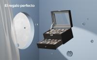 SONGMICS Caja de Relojes, Estuche de Relojes con Tapa de Cristal de 2 Niveles, con Cerradura, 1 Cajón, para Anillos, Pulseras, Regalo Ideal, Cuero Sintético Negro y Forro Gris/ Cuero Sintético Negro y Forro Negro/Cuero Sintético Negro y Forro Rojo Vino - details 0