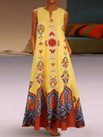 Vestido Largo Sin Mangas Para Mujer Estilo Vintage Con Flores Y Diseño V En El Cuello Vestido De Verano De Tela Poliéster Midi - details 9