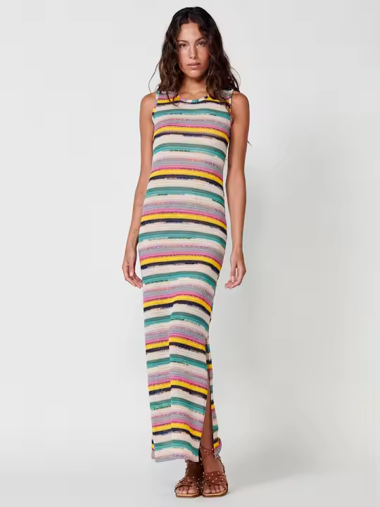 Koroshi Vestido Largo de Punto con Cuello Redondo, Tirantes Anchos y Abertura Lateral, con Forro Ligero y Rayas Multicolor - 1