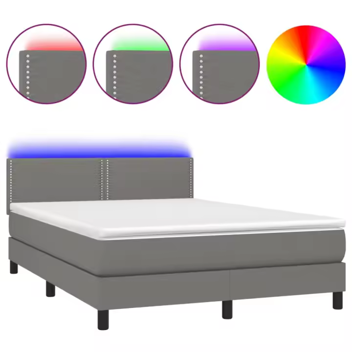 vidaXL Cama box spring colchón y luces LED tela gris oscuro 140x200 cm - 1