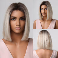 Pelucas Sintéticas Cortas Y Rectas Para Mujeres De Color Rubio a Marrón Ombre Con Flequillo Peluca Bob Resistente Al Calor Para Cosplay Diario Y Fiestas Falso Cabello Tamaño Promedio - details 14