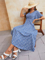 Vestido Bohemio Vintage De Verano Para Mujer Azul Con Cintura Elástica Estilo Casual Vestido De Playa Midi Con Mangas Butterflies - details 6