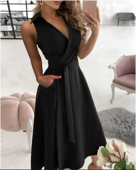 Vestido Midi Con Bolsillos Para Mujer Estilo Casual Primavera Verano Cuello Enrollado Corto Manga Tunic Wrap Vestido Silueta Asimétrica V-Neck Sashes Office Lady Mid-Calf Polyester - 1