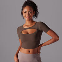 Camiseta de manga corta para Yoga, Top Sexy de Doble Capa, ropa de Malla empalmada, Sujetador Deportivo para correr y Fitness, Color sólido, Mujer - details 2