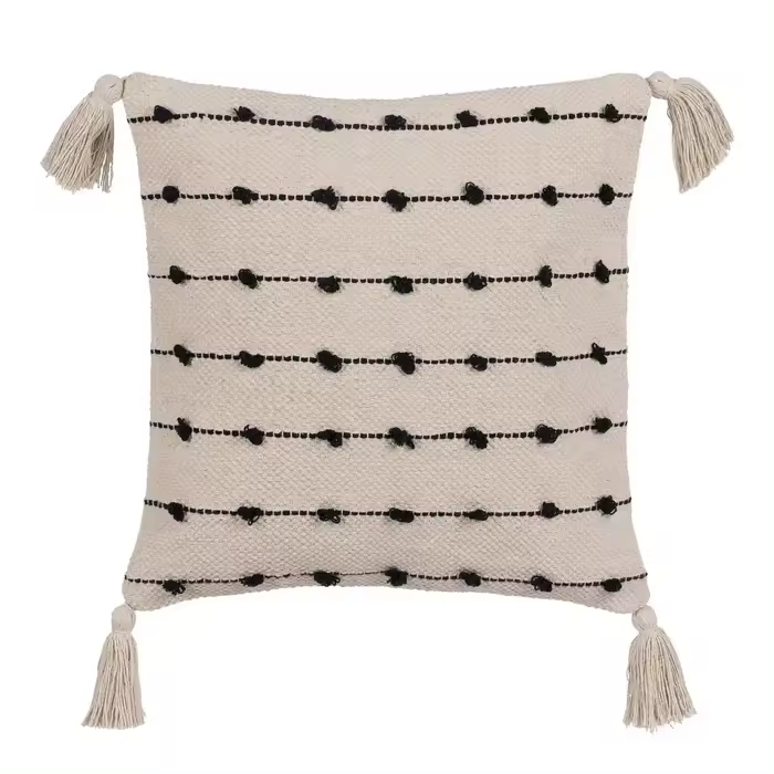 Ixia Regal, cojín de color beige-negro con borlas para decoración (45 x 45 cm) - 1