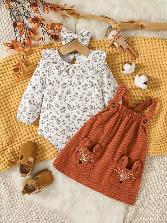 Conjunto De Vestido Y Falda Para Bebé Niña Estilo Verano Manga Larga Impresión O-Round Para Ropa Diaria Y Fashion - 1