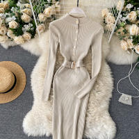 Vestido REALEFT De Punto Para Mujer Con Cuello Alto Y Mangas Largas Estampado Sólido Estilo Casual Vestido De Abrazo Largo Hasta La Rodilla Para Otoño E Invierno - details 26