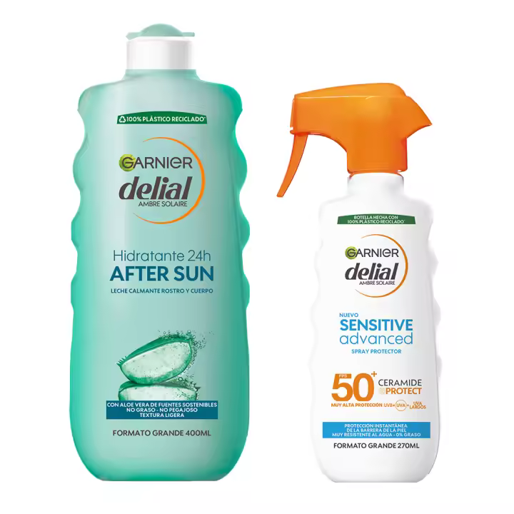 GARNIER | Delial After Sun Leche Calmante Rostro y Cuerpo Con Aloe Vera para Hidratar la Piel después de la Exposición Solar + Spray Protector Sensitive Advanced Adultos crema solar para pieles claras, sensibles e intolerantes al sol IP50+ - 400+270ML - 1