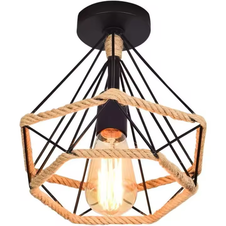 Lámpara de techo vintage retro Luz de techo industrial Jaula de diamante de metal con cuerda de cáñamo N Lámpara colgante Lámpara para sala de estar Dormitorio Decorado Hogar - 1