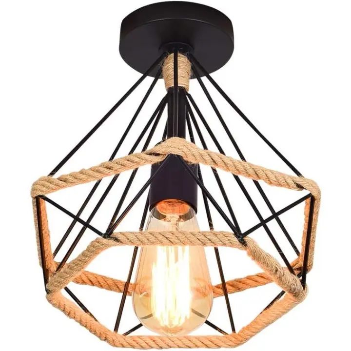 Lámpara de techo vintage retro Luz de techo industrial Jaula de diamante de metal con cuerda de cáñamo N Lámpara colgante Lámpara para sala de estar Dormitorio Decorado Hogar - 1