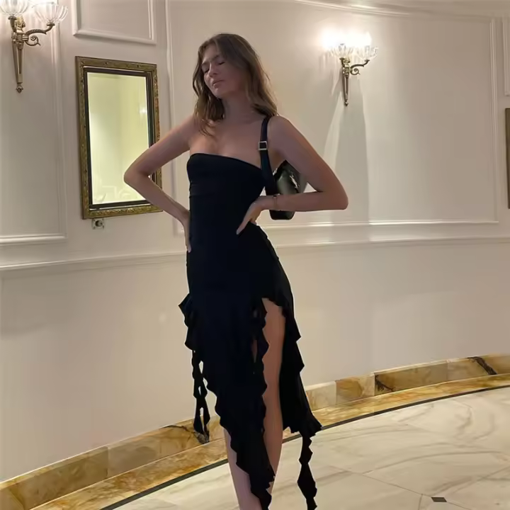 Vestido Asimétrico De Pecho Abierto Para Mujer Y2K Con Corte Va Va Voom Y Tirantes Slim Irregular De Poliéster Sin Mangas Sexy Para Club - 1