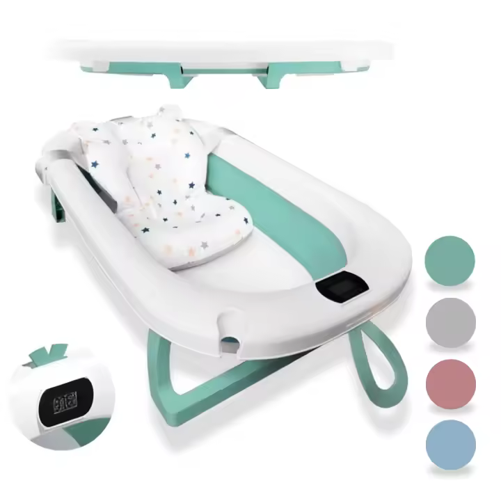 BATHBY Bañera Plegable Verde para Bebés Recién Nacidos, con Cojín Reductor, Termómetro Integrado y Patas Antideslizantes, Compacta y Segura, Disponibles en color gris, verde, rosa, azul y gris ballena. - 1