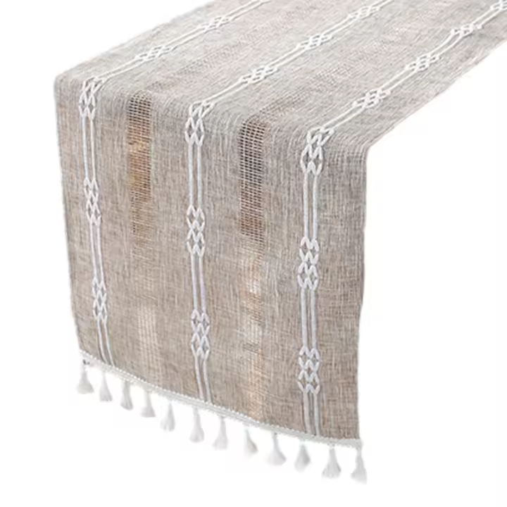 1 chimenea de Mesa, Camino de Mesa Rústico Bohemio con borlas Bordadas, 33x180 cm, trenzado a Rayas para fiestas-Bodas y decoración de Restaurante. - 1