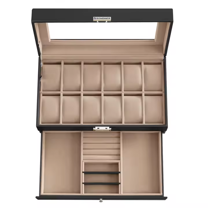 SONGMICS Caja de Reloj, Estuche de Reloj con Tapa de Cristal de 2 Niveles para 12 Relojes, Cerradura, 1 Cajón, para Anillos Pulseras, Regalo Ideal, Cuero Sintético Marrón, Forro Marrón/ Negro y Forro Beige/Negro y Forro Negro/Negro y Forro Gris/Rojo - 1