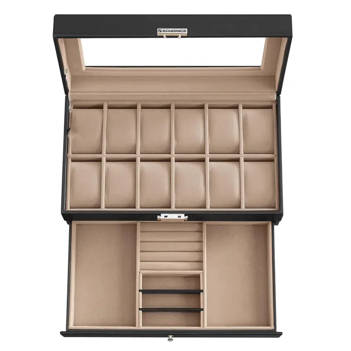 SONGMICS Caja de Reloj, Estuche de Reloj con Tapa de Cristal de 2 Niveles para 12 Relojes, Cerradura, 1 Cajón, para Anillos Pulseras, Regalo Ideal, Cuero Sintético Marrón, Forro Marrón/ Negro y Forro Beige/Negro y Forro Negro/Negro y Forro Gris/Rojo - 1