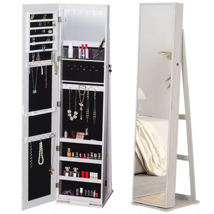 HOMCOM Espejo Joyero de Pie Armario de Joyería con 6 Luces LED y Cerradura Organizador de Joyas con Estantes Ranuras para Anillos 38x38x157 cm Blanco con Veta de Madera - 1