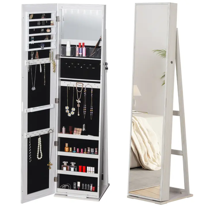 HOMCOM Espejo Joyero de Pie Armario de Joyería con 6 Luces LED y Cerradura Organizador de Joyas con Estantes Ranuras para Anillos 38x38x157 cm Blanco con Veta de Madera - 1