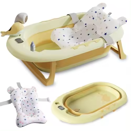 COZYNEST Bañera Bebé Plegable con Cojín Antideslizante y Termómetro, Soporte para Alcachofa de Ducha y Juguete Delfín  Bañera bebe Portátil, Compacta y Segura para Recién Nacidos y niños - 1