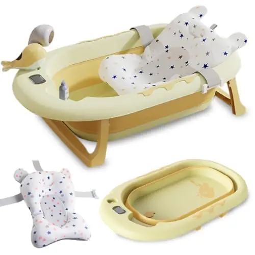 COZYNEST Bañera Bebé Plegable con Cojín Antideslizante y Termómetro, Soporte para Alcachofa de Ducha y Juguete Delfín  Bañera bebe Portátil, Compacta y Segura para Recién Nacidos y niños - 1