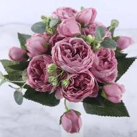 Bouquet De Flores Artificiales De Seda Rosa Púrpura 30cm 5 Cabezas Grandes Para Decoración De Boda Y Fiesta - details 6