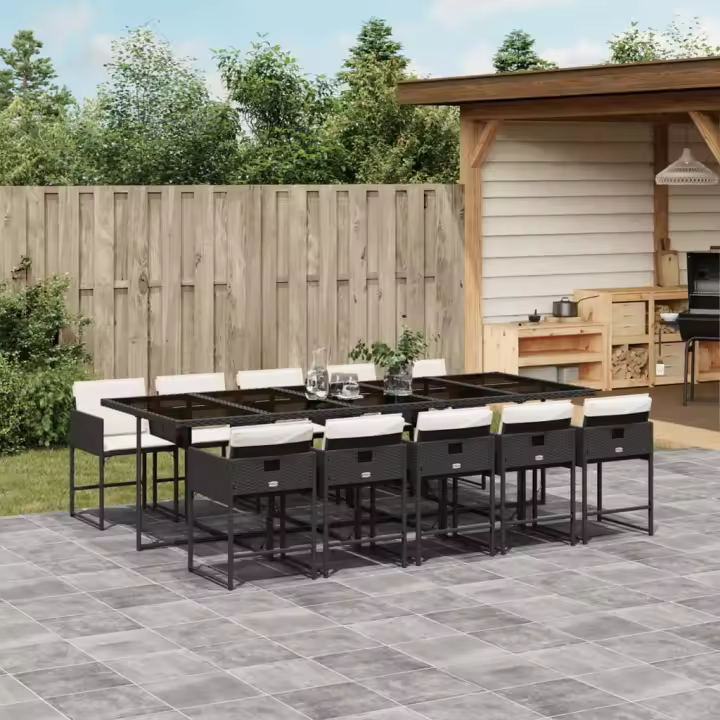 vidaXL Set de comedor jardín 11 pzas con cojines ratán sintético negro - 1