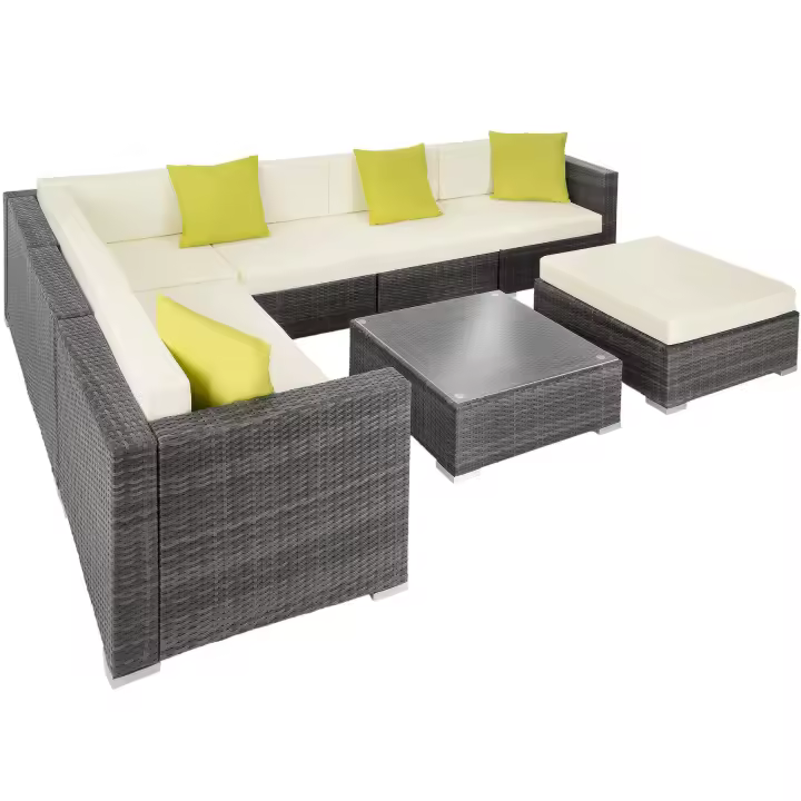 Tectake - Conjunto de ratán MARBELLA, Conjunto modular de asientos de poliratán de calidad superior con diseño moderno  Para el jardín, el patio o el salón  Mesa con tablero de cristal  Estructura de aluminio - 1