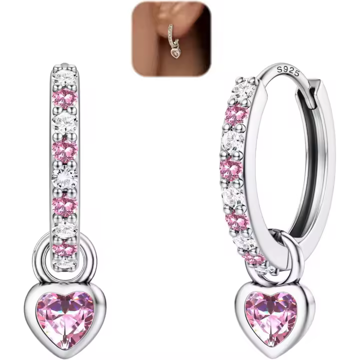 Pendientes AroPlata para Mujer Colgante Corazón Aros Huggie Plata Ley 925 Livianos con aretas Hipoalergénicos para Dormir con Corazón CZ Extraible para Mujeres y Niños Metal Plisado Rosa Blanco Cz - 1