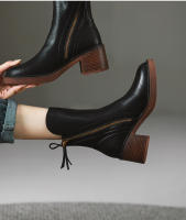 Botas Cortas De Cuero Para Mujer Otoño Invierno Con Tacón Chunky Cierre De Cremallera Botas De Tobillo Plataforma Modernas Talla Grande Confort Transpirables - details 1