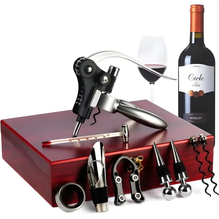 Sacacorchos Set Vino Accesorios 9 Pzs Abridor de Vino,Abre Botellas Kit Vino de Accesorios con Caja Regalo,Abrebotellas,Recogegotas,Decantador,Aireador de Vino Regalos para Hombre - 1