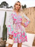 Vestido Elegante Para Mujer Con Manga Larga Y Cuello En V Estampado Con Cierre De Lazo Vestido Corto De Verano A-Line Regular Fit Polyester - details 6