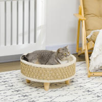 PawHut Cama Elevada para Perros Cama para Perros Miniaturas con Cojín Lavable Cuerda de Seagrass Marco de Madera y Alfombrillas Antideslizantes Sofá para Mascotas para Interior Ø48x24,5 cm Beige - details 1