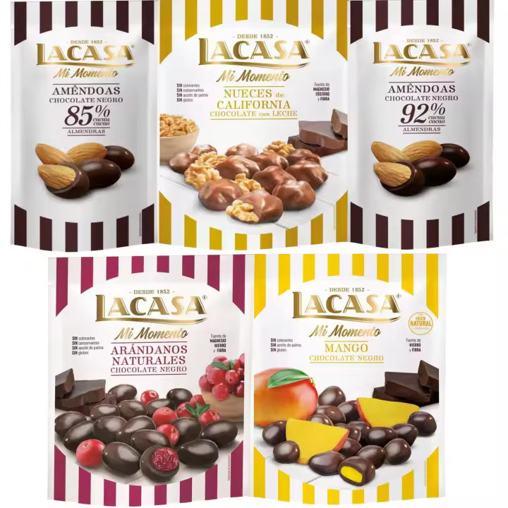 Lacasa Mi Momento pack de 5:Almendra 92% ,Almendra 85% ,Arándano Chocolate Negro ,Nueces Chocolate Leche ,Mango Chocolate Negro - 1