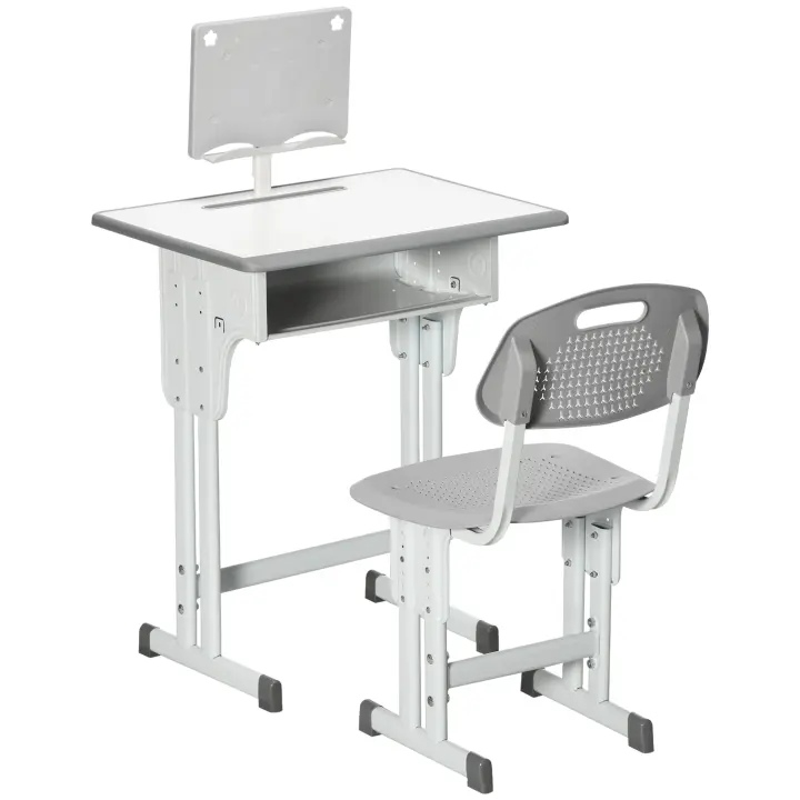 HOMCOM Juego de Escritorio y Silla para Niños de 6-12 Años Pupitre Infantil Altura Ajustable con 1 Cajón 1 Ranura para Lápiz y 1 Estante para Libros Acero 60x45x90-102 cm - 1