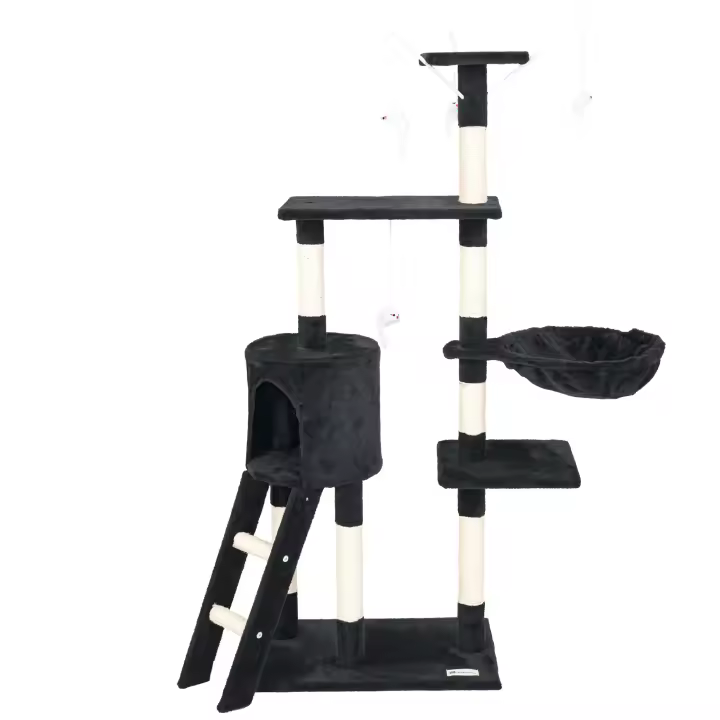 Casa Basics - Árbol Rascador para gatos  55 x 35 x 144 cm NENI Altura de 144 cm, Incluye 1 escalera, 1 caseta, 3 Plataformas Mirador, 4 ratas, 1 Nido - Árbol para Gatos en Beige/Negro/Gris - 1
