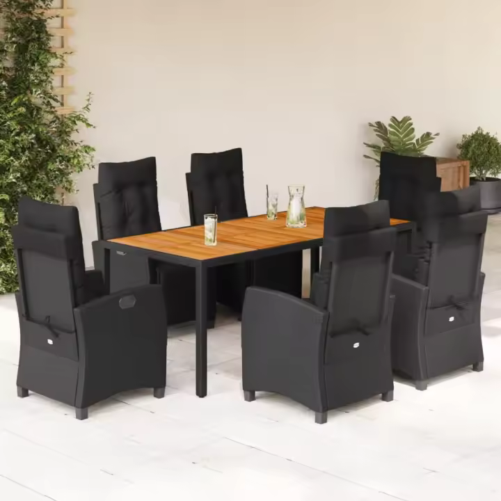 vidaXL Set de comedor de jardín 7 pzas y cojines ratán sintético negro - 1