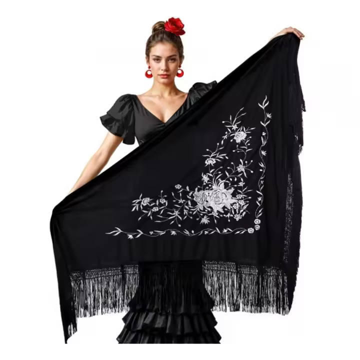 Partilandia Mantón negro bordado blanco de 200x95 cm - 1