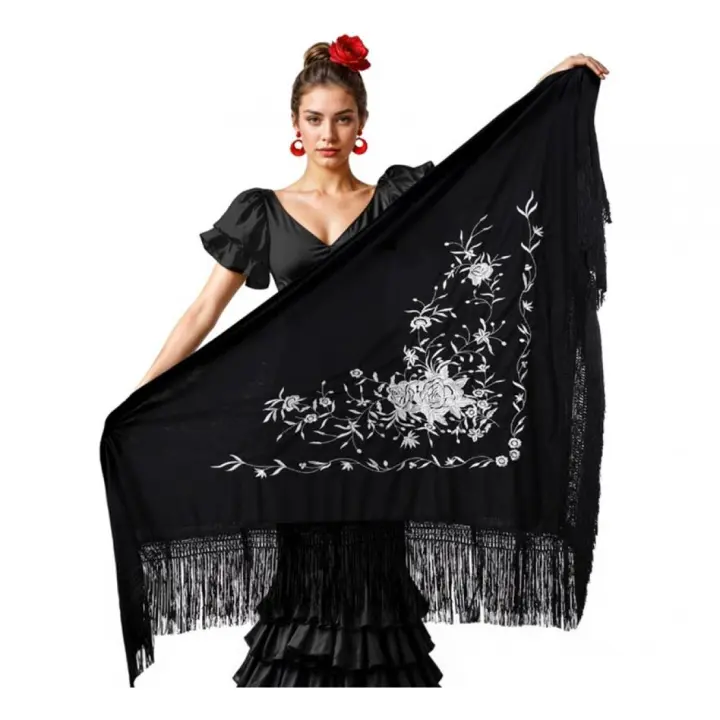 Partilandia Mantón negro bordado blanco de 200x95 cm - 1