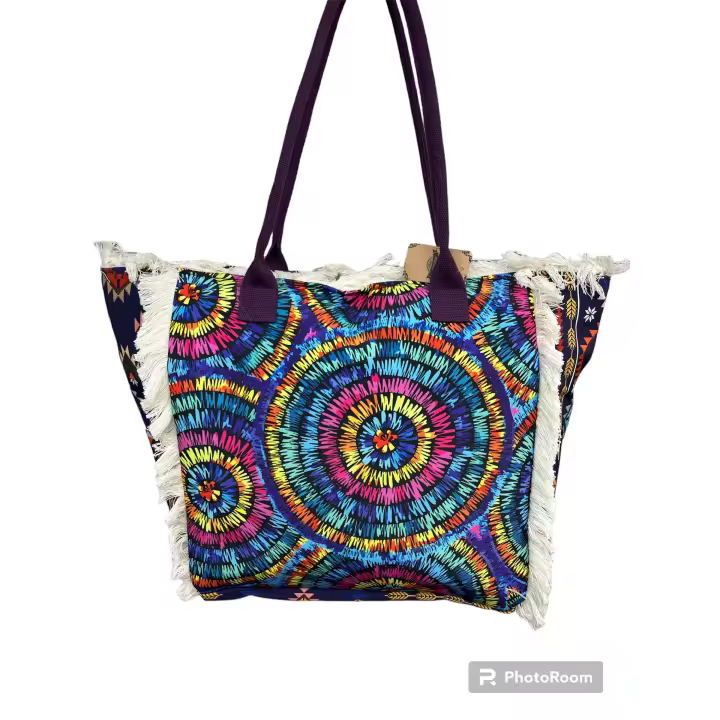 MEJORADA Bolso de playa o piscina grande con estampados del estilo original con fleco de borla blanco de algodon,tamaño 55*37*19CM.contiene bolsillos interior y forros.tejido 100% poliéster - 1