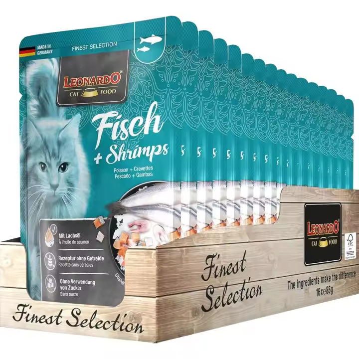 Leonardo Pescado y gambas pouch 16x85g comida humeda en sobre para gatos adultos - 1