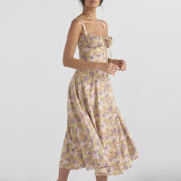 Vestido De Playa Para Mujer Con Estampado Floral Cuello Cuadrado Ajuste Frontal Y Abertura En Pierna Midi Polyester Sin Mangas Vestido De Noche - details 65