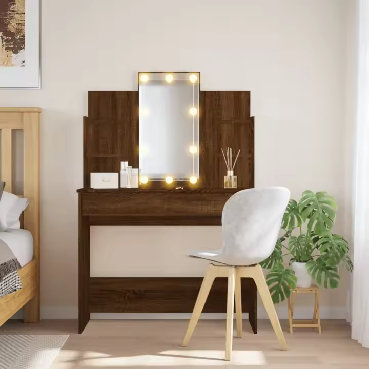 vidaXL Tocador con luces LED roble marrón 96x40x142 cm - 1