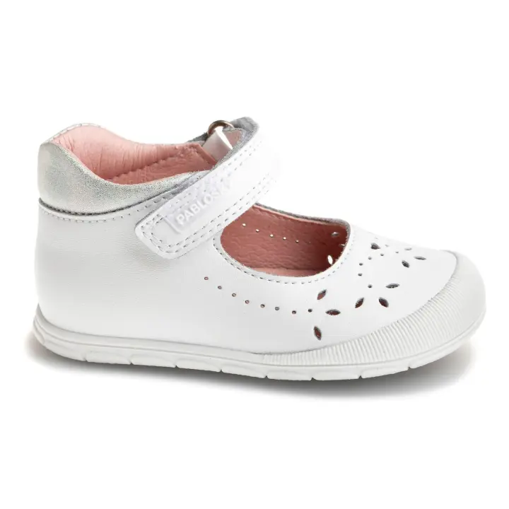 Pablosky merceditas bebé blanco, suela antideslizante y flexible, drop 0, protectores interiores de talón y punteras con efecto ping-pong, que recuperan la posición inicial del calzado - 1